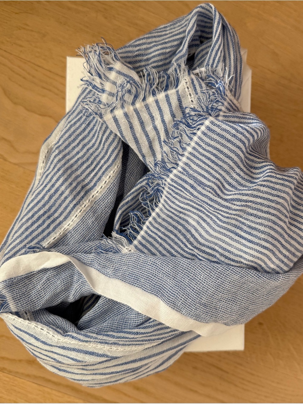 Linen Cotton Natural Fibre Uniqlo Sheer Scarf Striped Nautical White/Blue Wrap